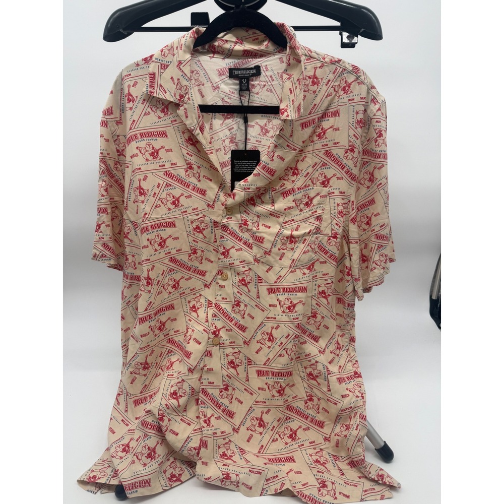 True Religion Men's M Buddha Allover Print Camp Shirt Short Sleeve Button Up